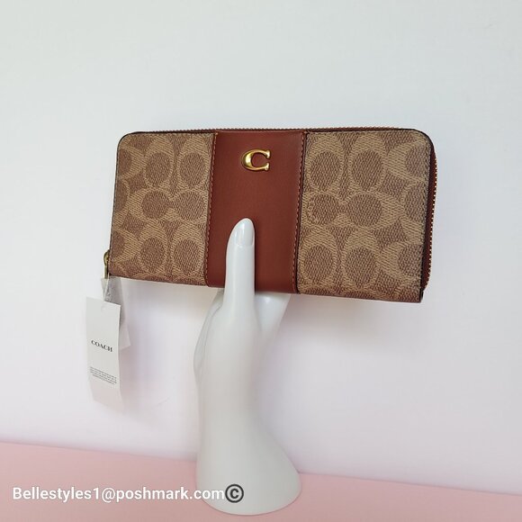 COACH Slim Accordion Zip Wallet In Signature Canvas with Back Slip Pocket-Tan ⭐ - Picture 4 of 16